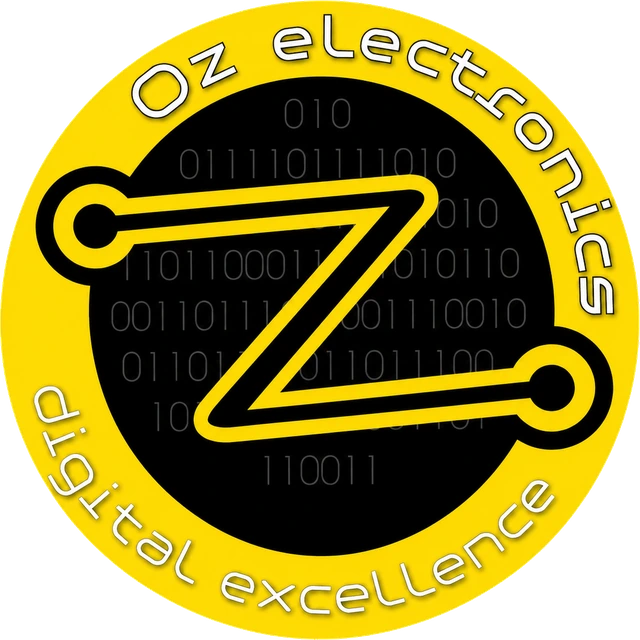 Το σήμα της Oz Electronics: κίτρινος δίσκος με το Ζ σχεδιασμένο ως δρόμο πλακέτας με δύο τερματικά, και τις λέξεις «Oz electronics» και «digital excellence» γύρω από τον κύκλο.